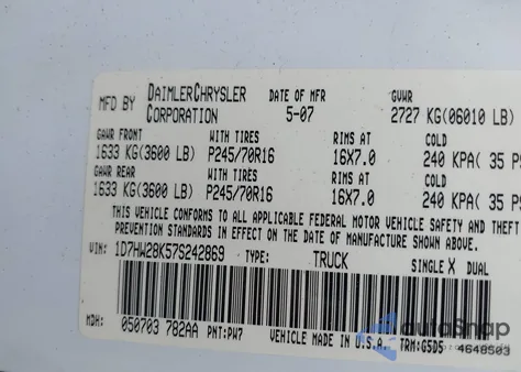 2007 Dodge Dakota St z USA, uszkodzony, nr VIN 1D7HW28K57S242869